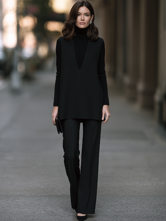 Turtleneck Knit Top, Deep V Sleeveless Tunic And Wide-Leg Trouser Three-Piece Set