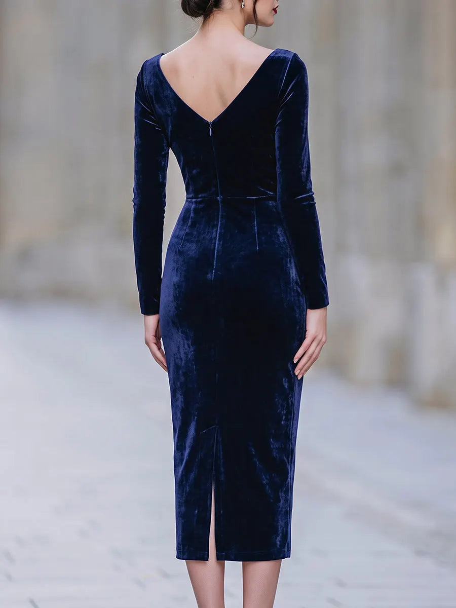 Boat-Neck Long-Sleeve Velvet Midi Dress