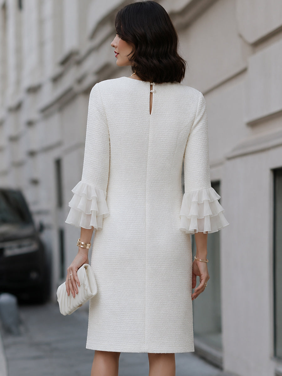 Crew-Neck Textured Shift Dress With Tiered Ruffle Sleeves