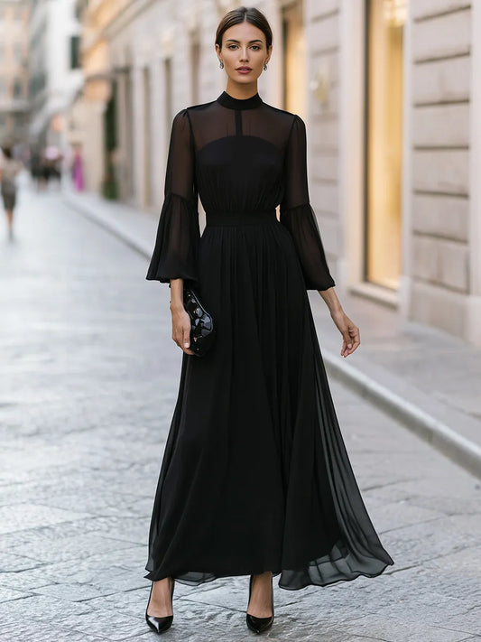 Elegant High-Neck Sheer Sleeve Chiffon Maxi Dress With Draped Waist