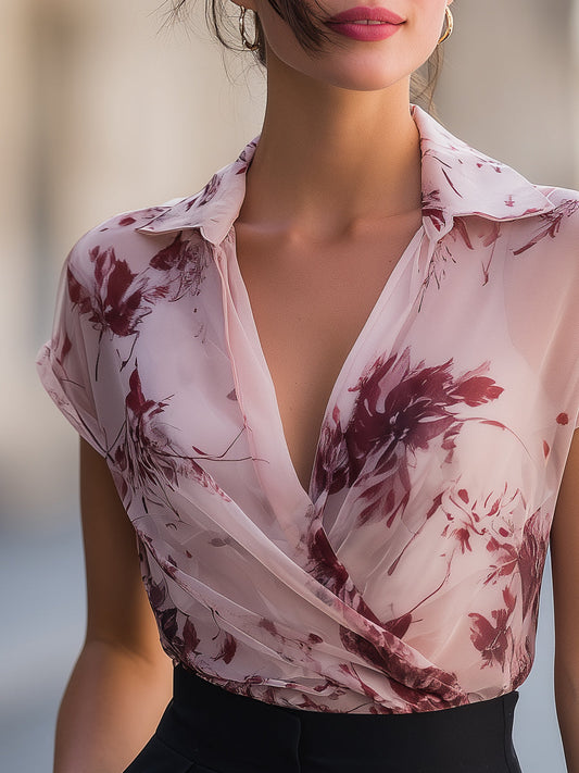 Blusa Manga Curta com Drapeado Estampa Floral e Gola Transpassada