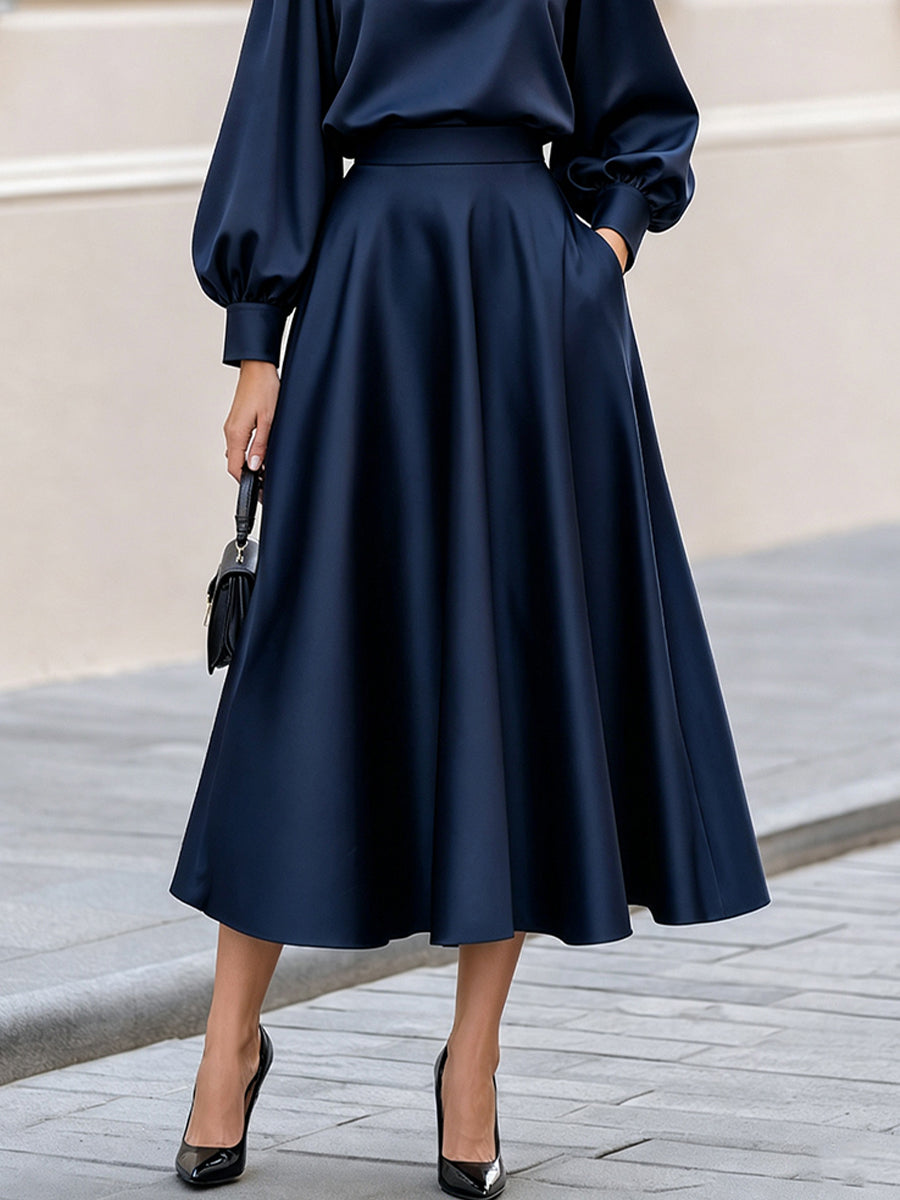 Stand Collar Keyhole Top & High Waist Midi Skirt Two-Piece Co-Ord Set