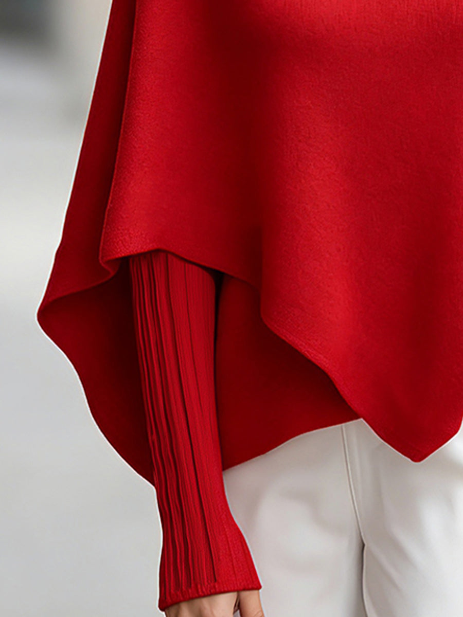 Turtleneck Asymmetrical Knit Poncho Sweater