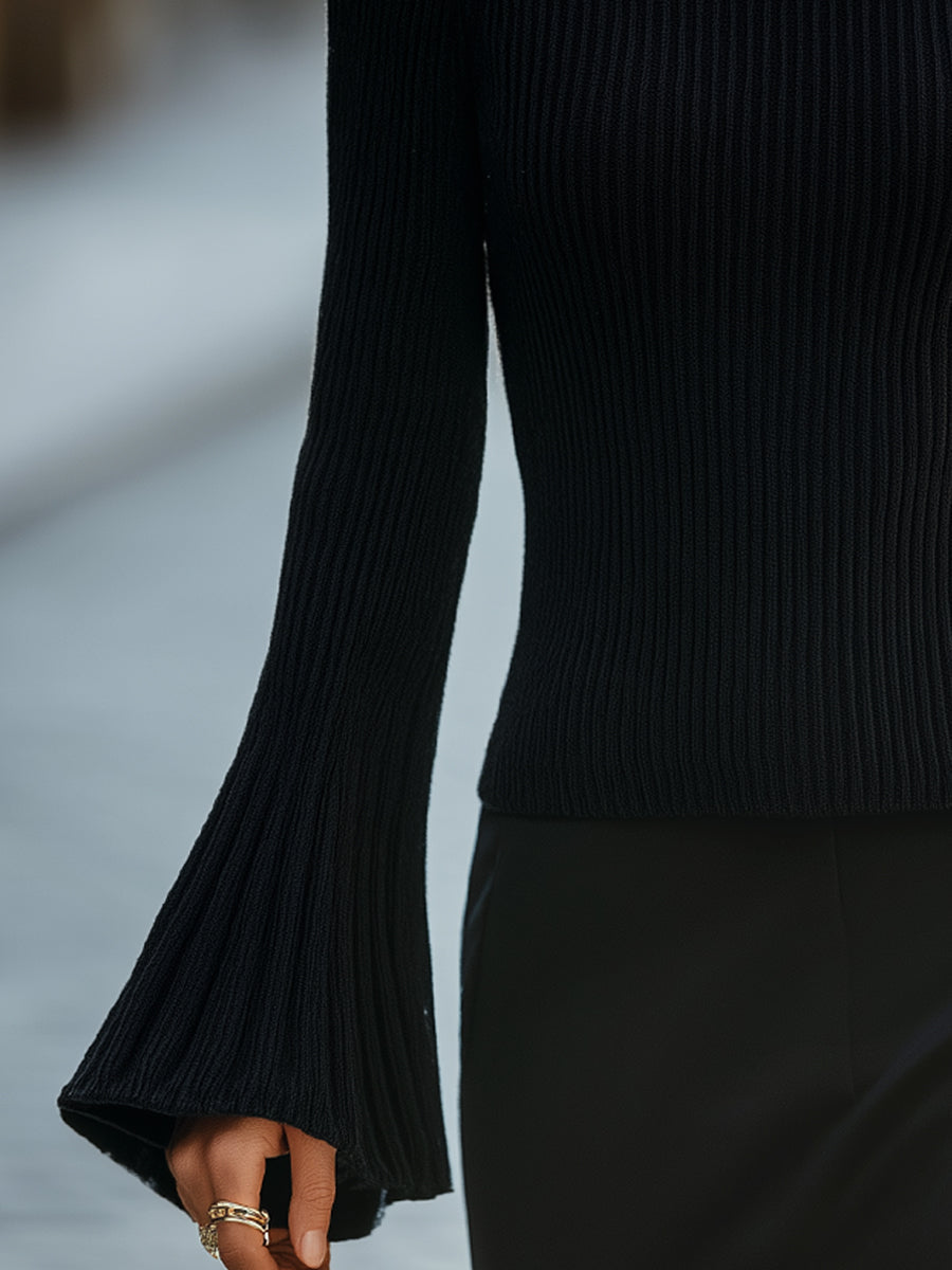High-Neck Bell Sleeve Ribbed Knit Sweater