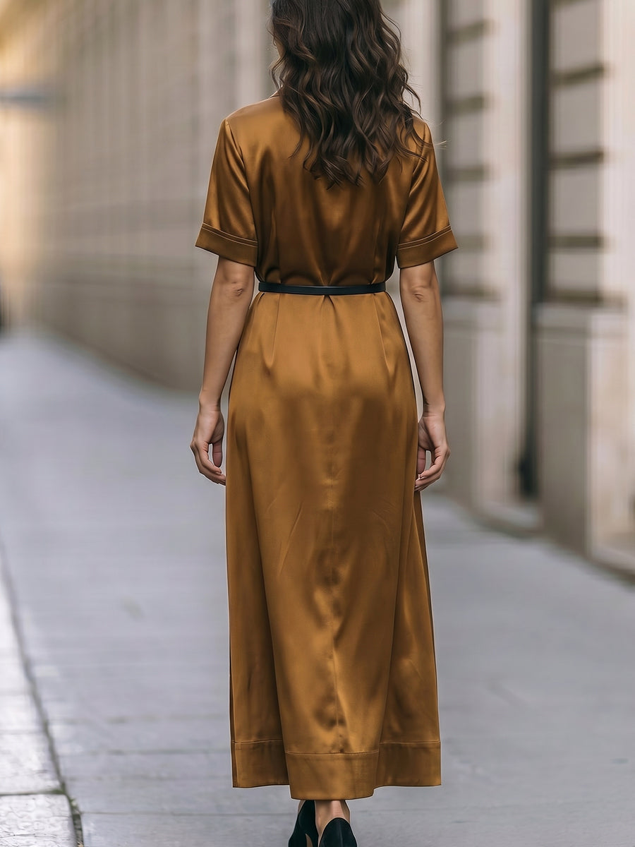 Minimalist Satin Shirt Maxi Dress With Belted Waist