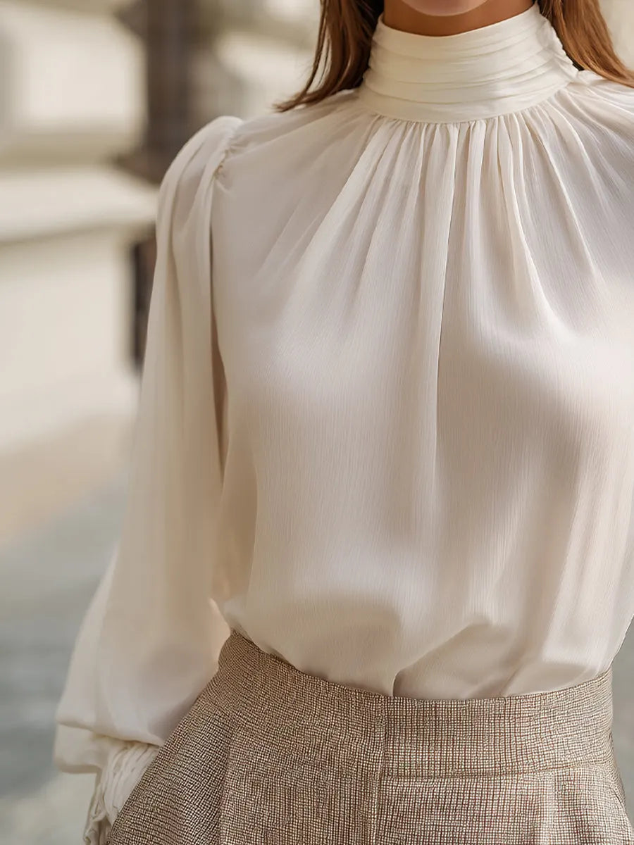 High-Neck Gathered Chiffon Blouse