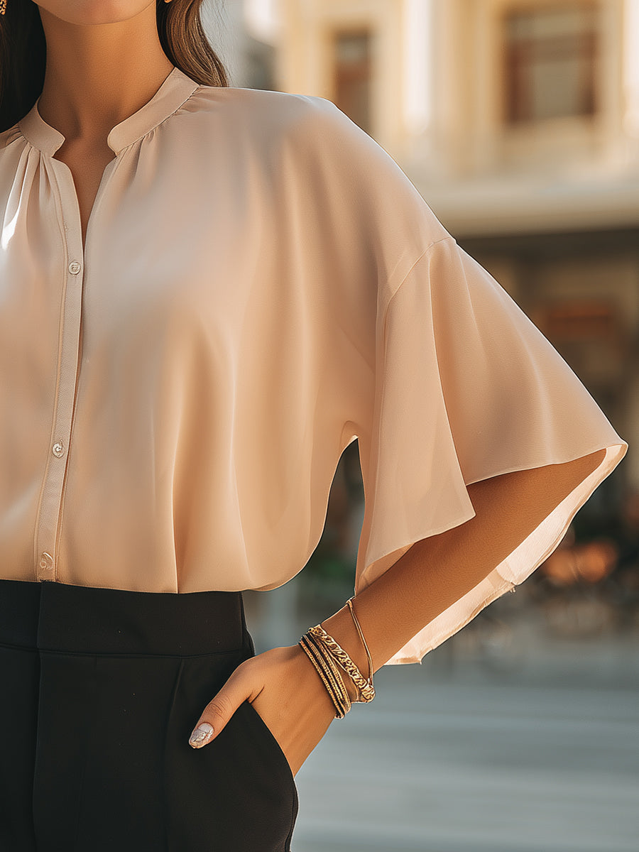 Soft Pleated Collar Flutter Sleeve Button-Up Blouse