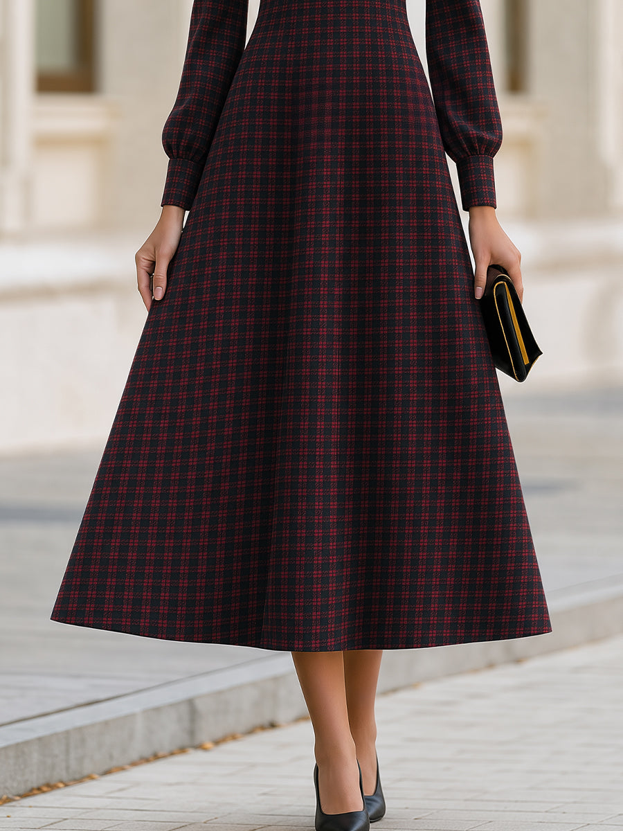 Plaid Cowl Collar Fit‐and‐Flare Midi Dress