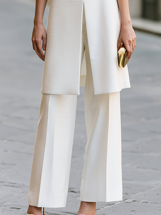 Sheer Sleeve Split-Front Tunic And Wide-Leg Pants Set