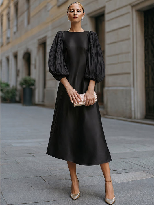 Minimalist Crew Neck A-Line Satin Midi Dress Pleated Puff Lantern Sleeves