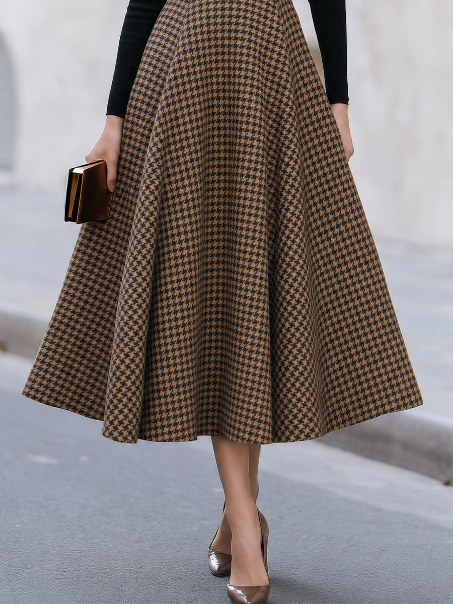 Houndstooth Print Contrast Turtleneck Long Sleeve Midi Dress