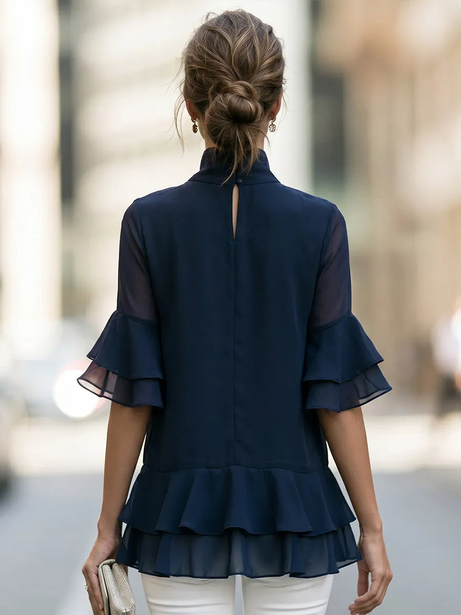 Sheer Sleeve Tiered Ruffle High Neck Blouse