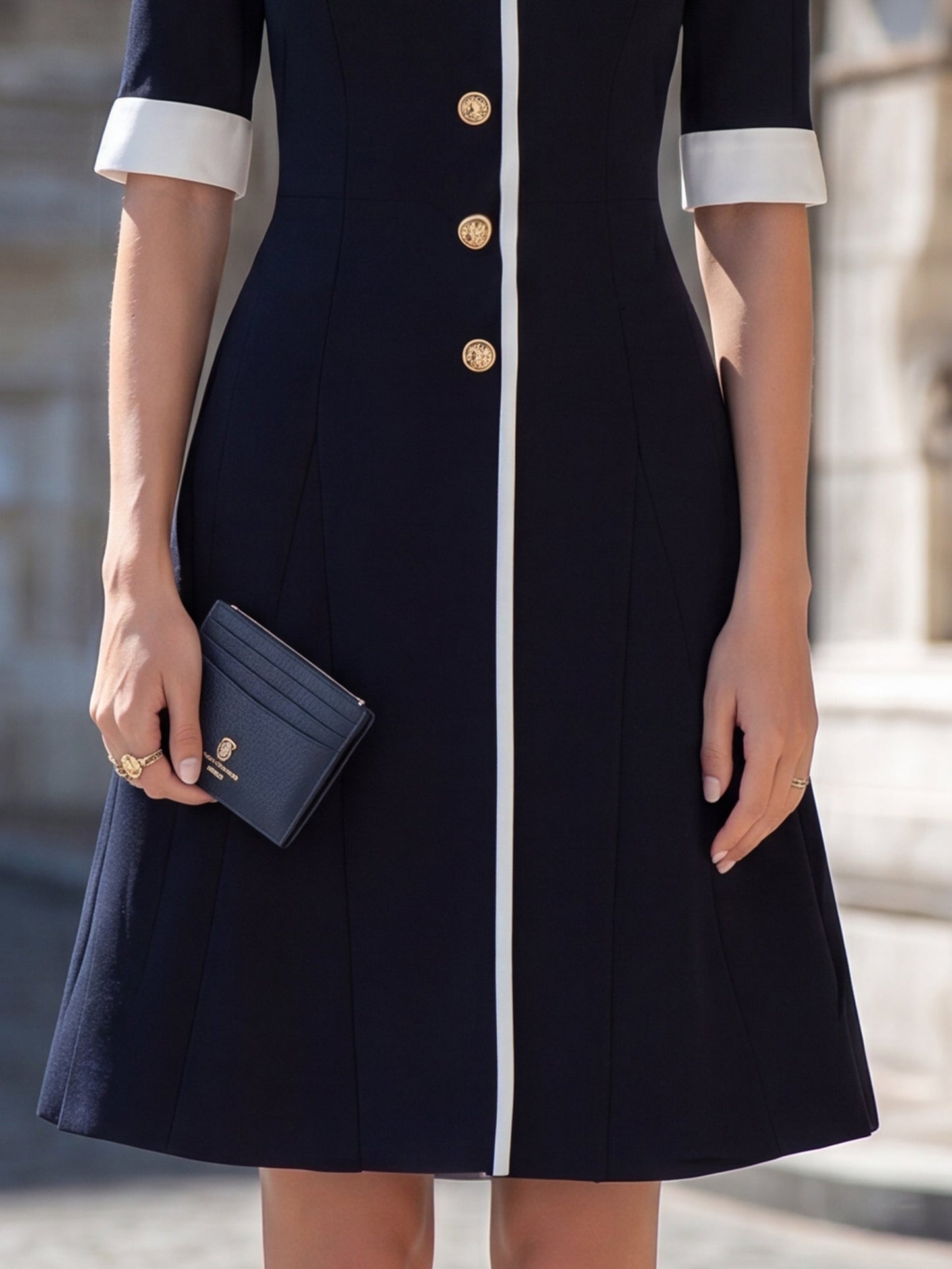 Contrast Trim Mandarin Collar Button-Down A-Line Midi Dress