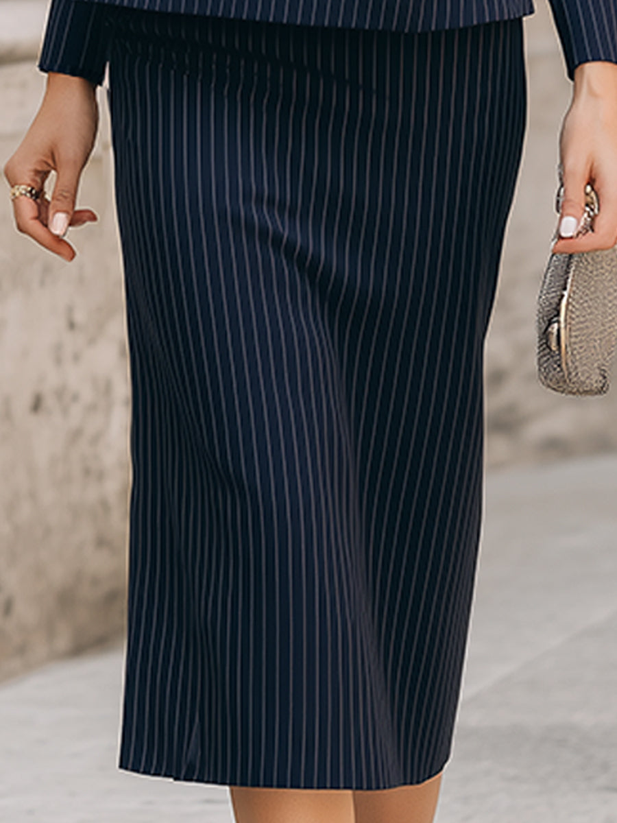 Navy Pinstripe Tailored Blazer And Pencil Skirt Suit Set