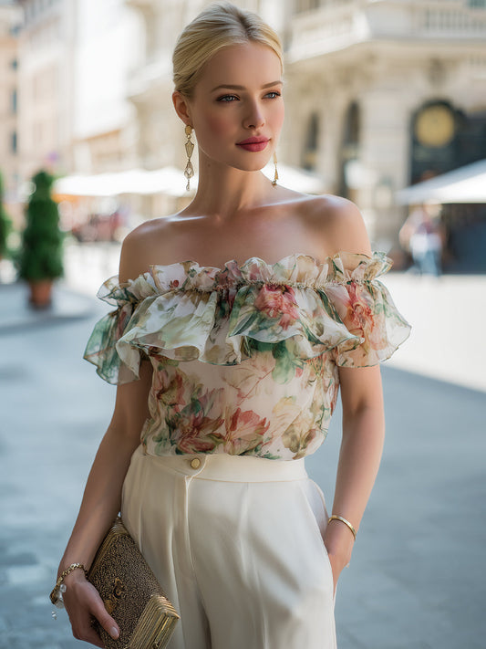 Blusa Chiffon Floral Ombro a Ombro com Babado