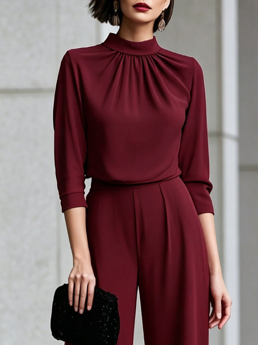 Draped High-Neck Pleated Blouse Wide-Leg Suit Set