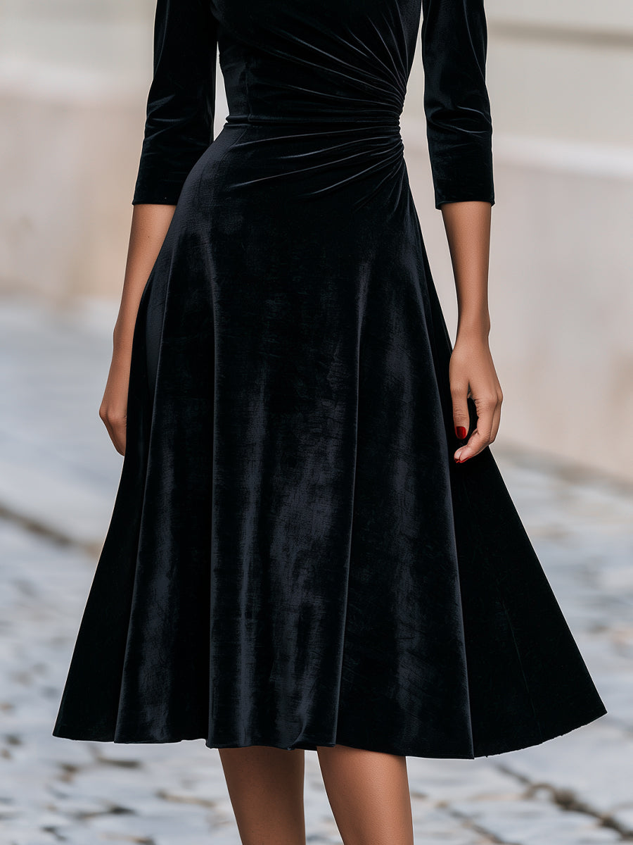 Bateau Boat Neck 3/4 Sleeve Side Ruched Velvet Midi Dress