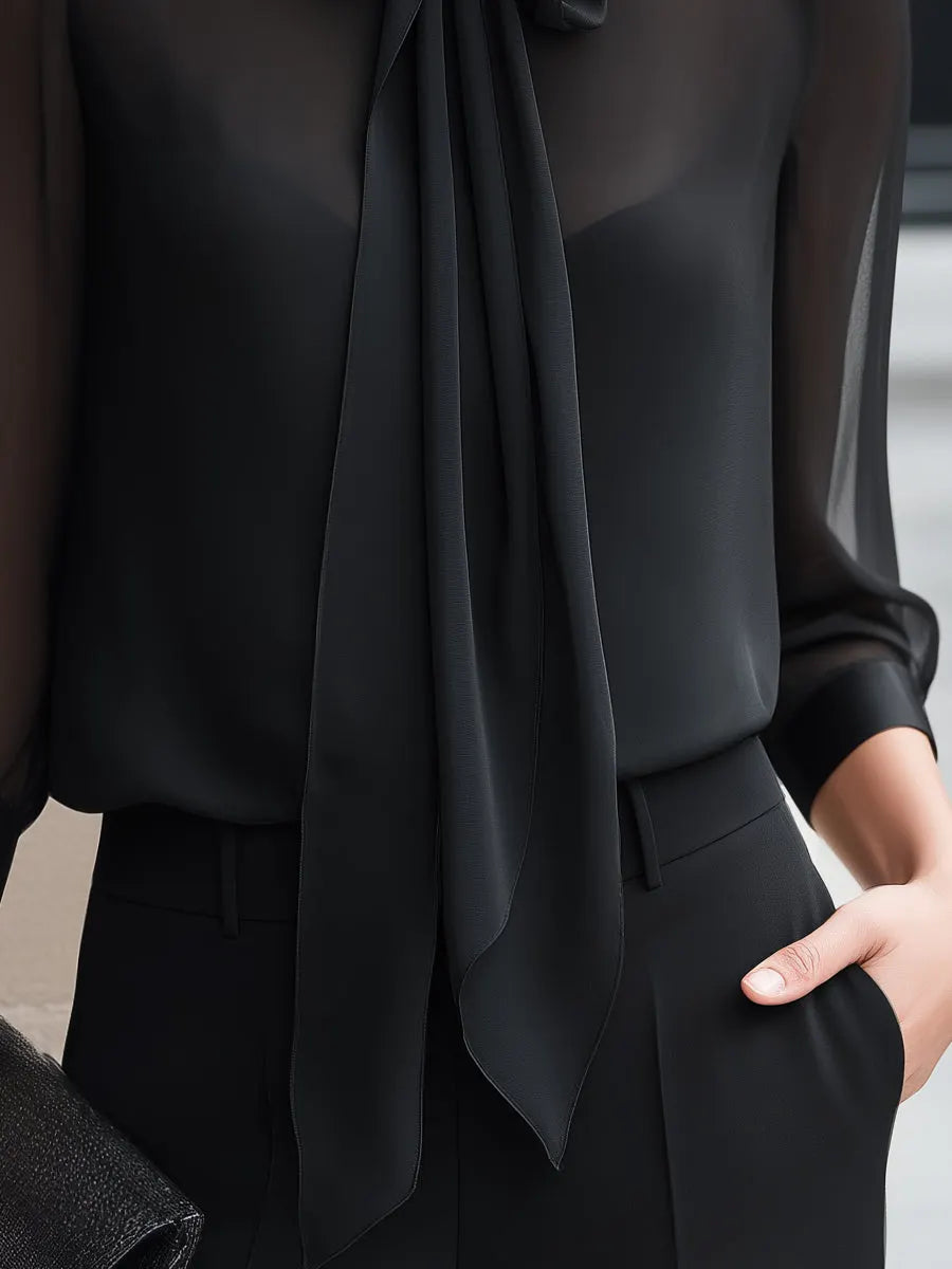 Sheer Sleeve Tie-Neck Chiffon Blouse