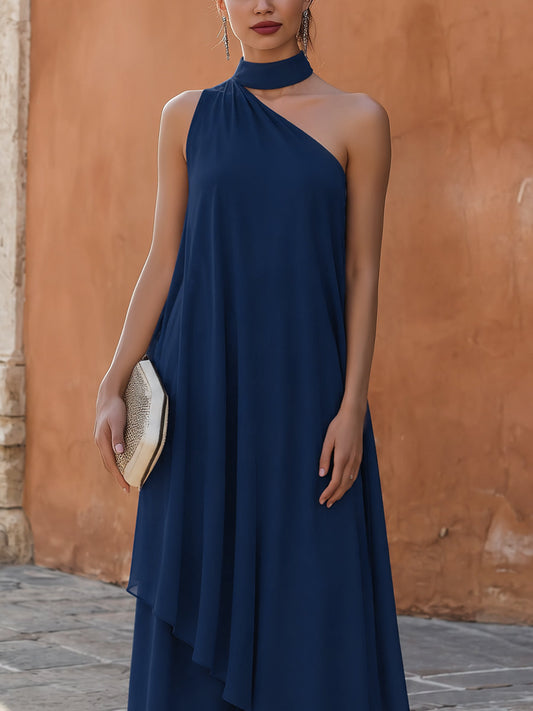 One-Shoulder Chiffon Overlay Blouse And Pants Set