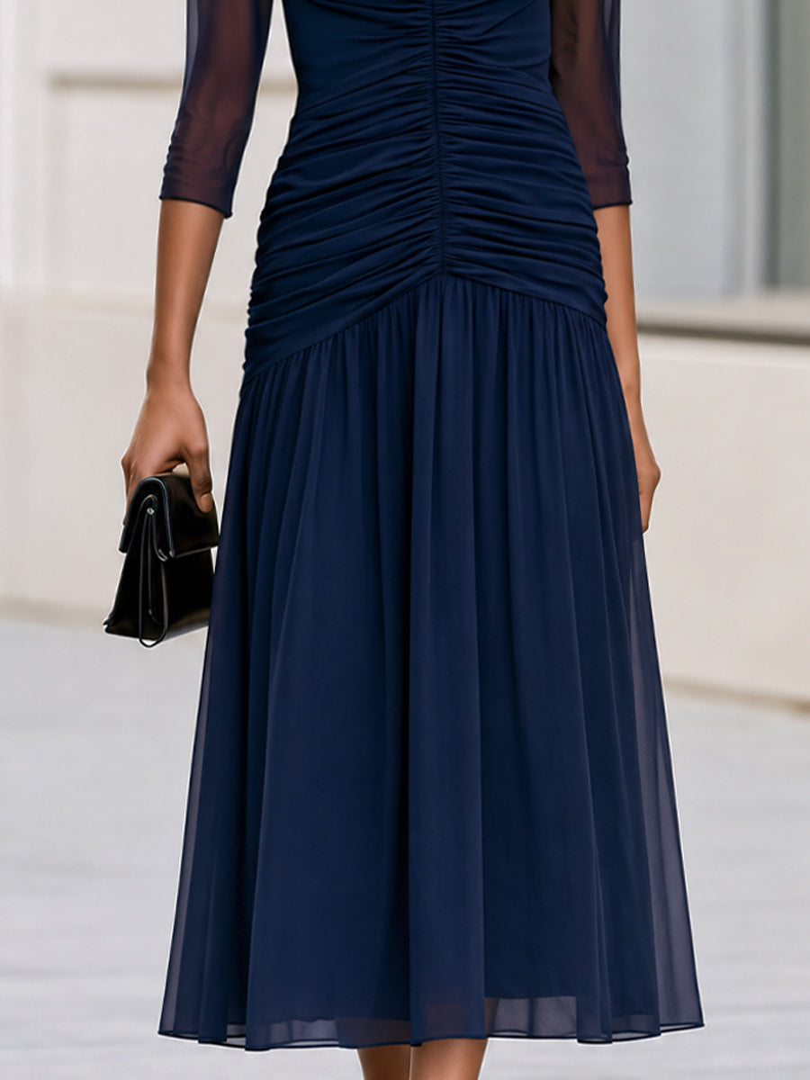 Split V Neck Ruched Sheer 3/4 Sleeve Chiffon Midi Flared Dress