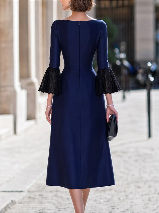 Lace-Trimmed Bell-Sleeve Structured Midi Dress