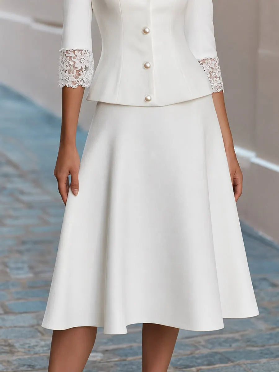 Lace Trim V-Neck Pearl Button Blazer & Flared Midi Skirt Two-Piece Suit