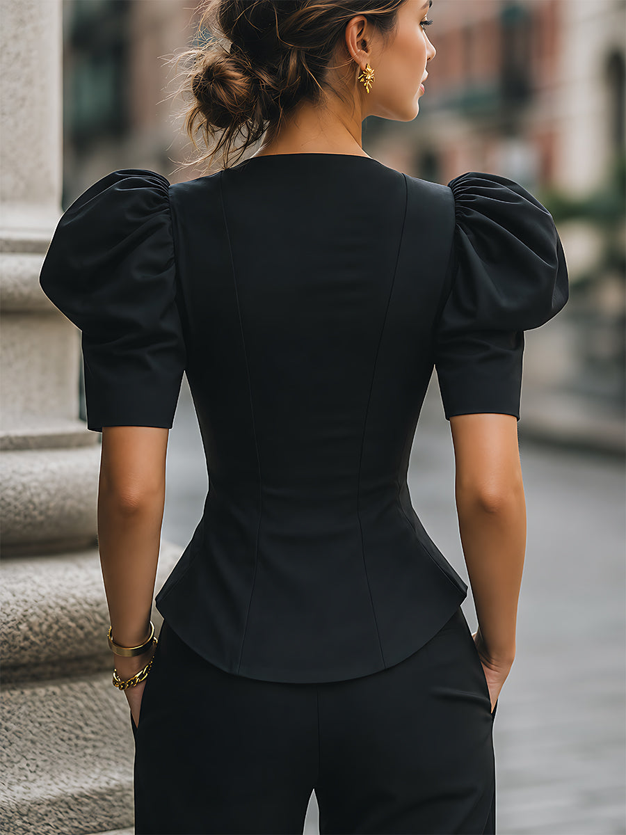 Puff-Sleeve Wrap-Front Tailored Blouse