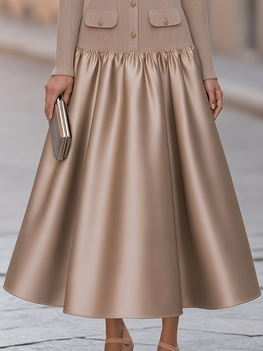 Elegant Ribbed-Knit And Satin Midi Dress With Belt