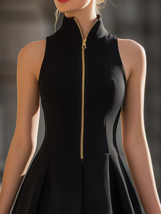 Stand-Up Collar Gold-Zip Sleeveless Fit-and-Flare Mini Dress