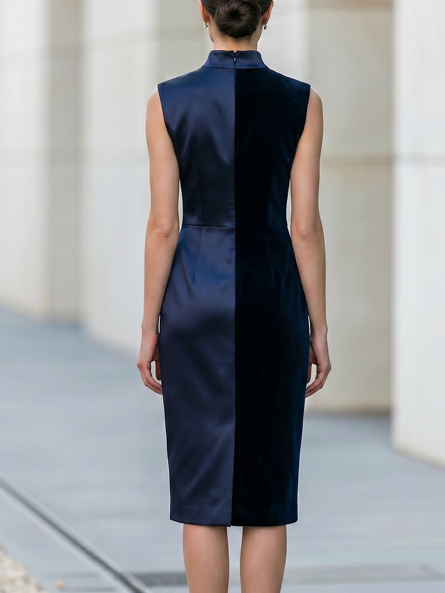 Sleeveless Colorblock Mock Neck Sheath Midi Dress
