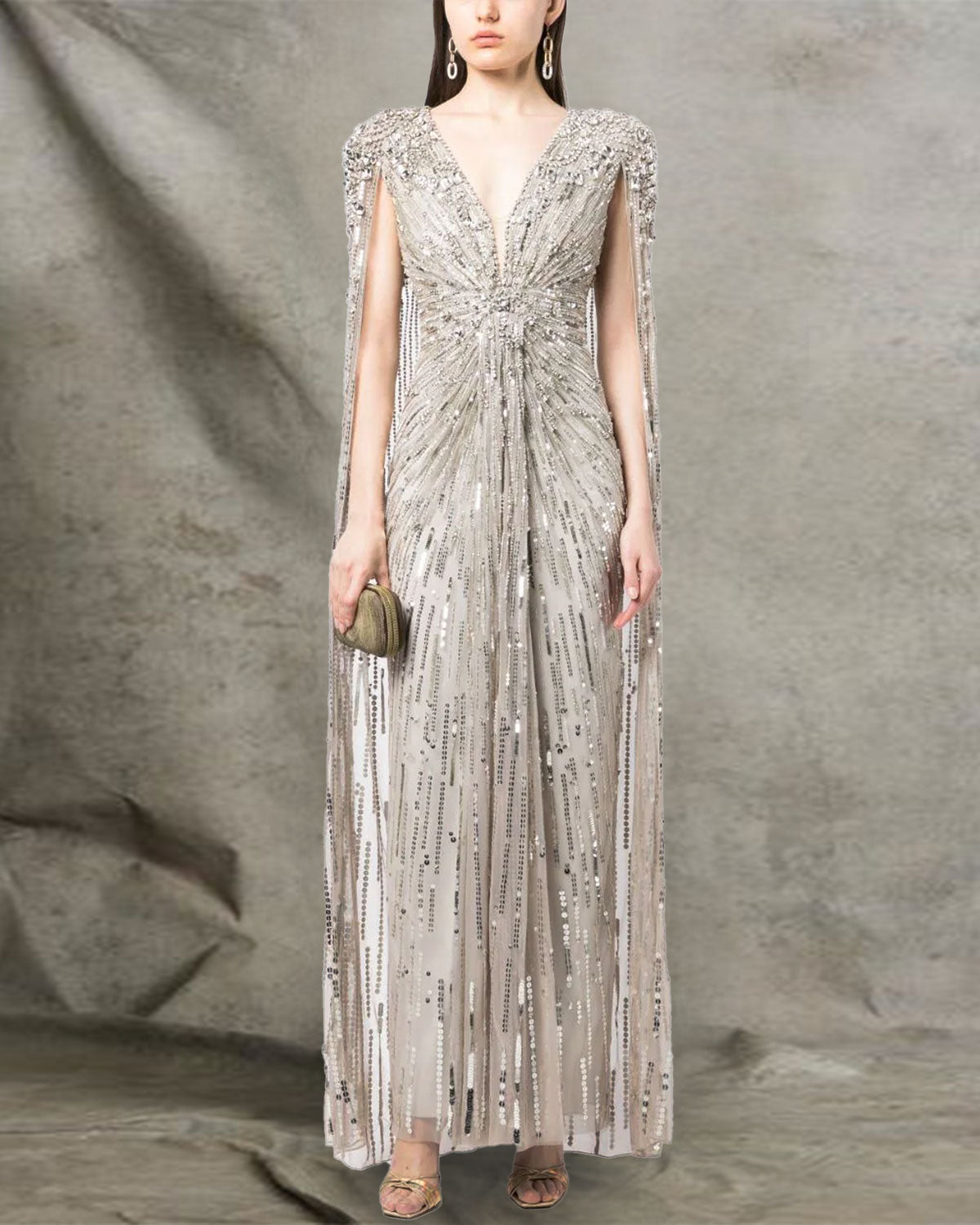 Deep V Beading Cape Sleeve Dress
