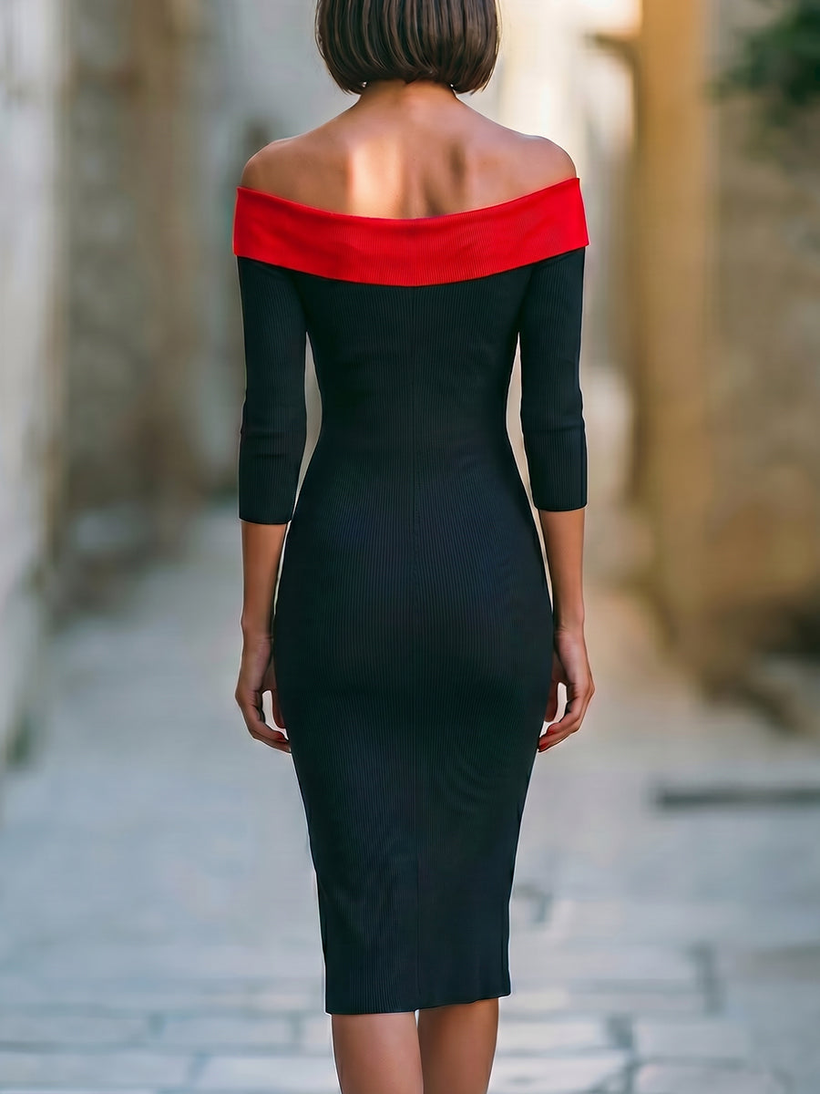 Black & Red Off-Shoulder Ribbed Bodycon Midi Dress