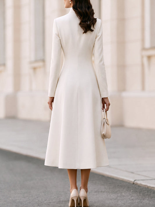 Stand‐Collared Button‐Front Fit‐and‐Flare Midi Coat‐Dress
