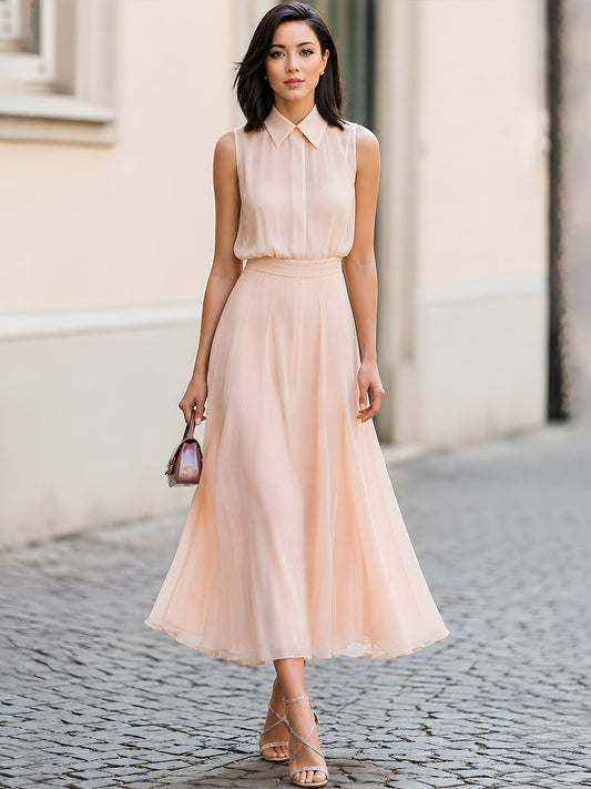 Sleeveless Collared Chiffon Maxi Dress With Flowing A-Line Skirt
