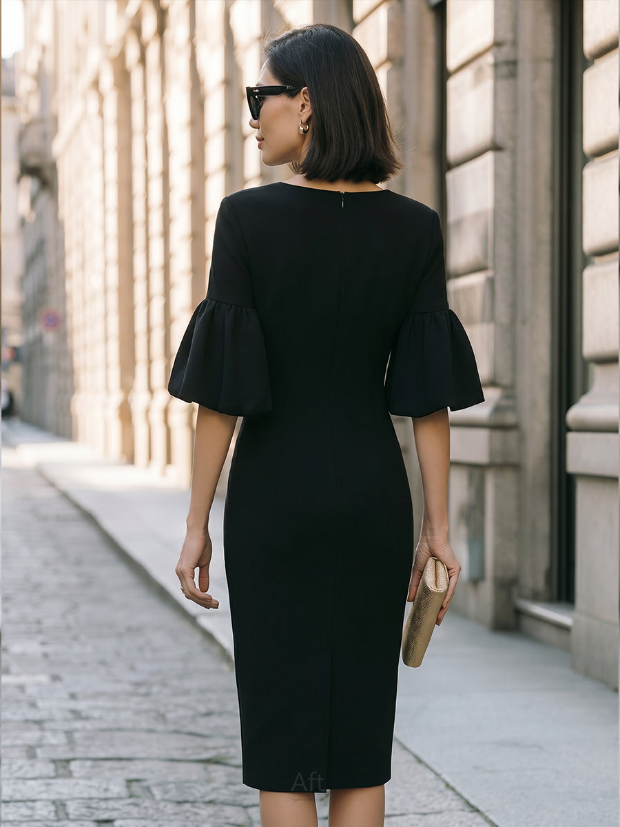Black Puff Sleeve Sheath Dress Elegant Minimal Office Midi Dress