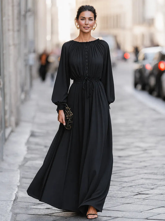Vestido Longo com Botões, Cintura Franzida e Mangas Bufantes