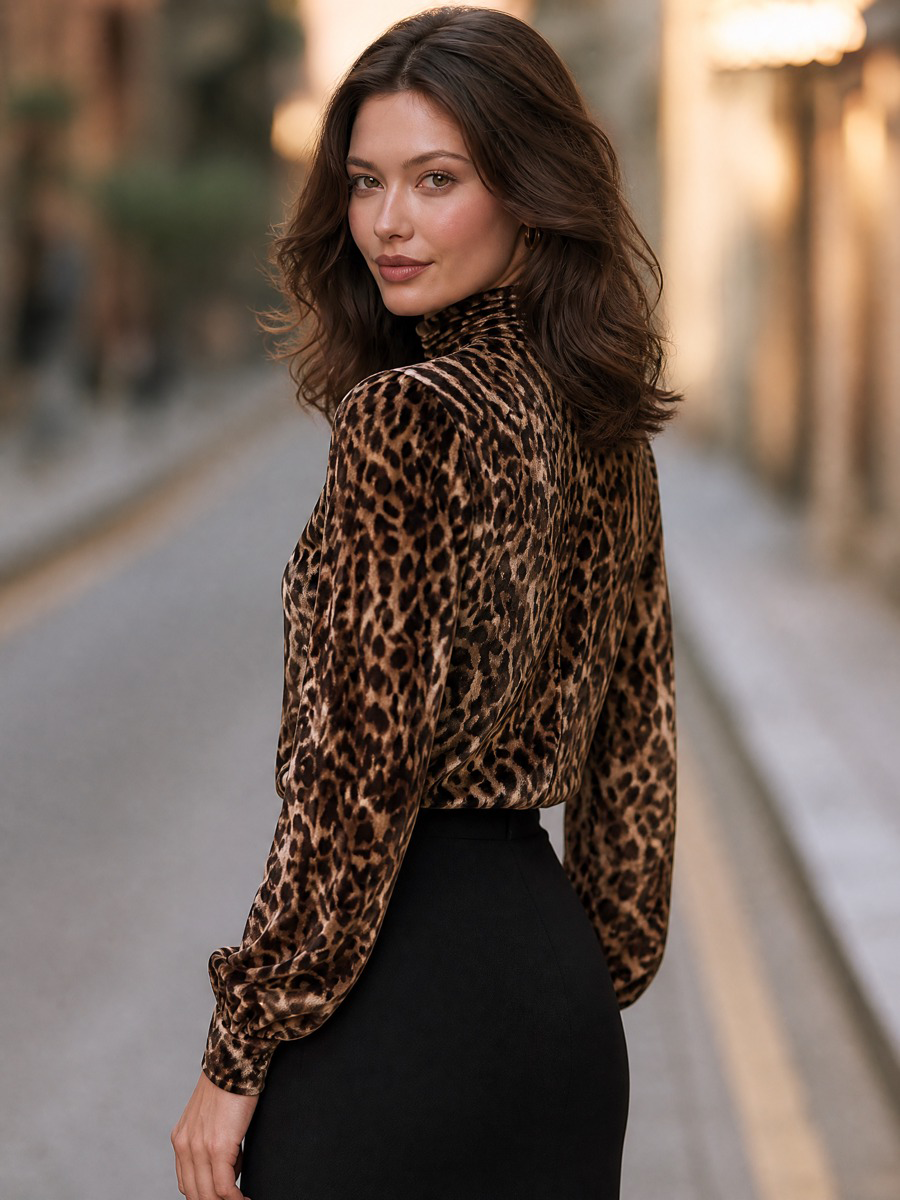 Women's Leopard Print High Neck Long Sleeve Blouse Top
