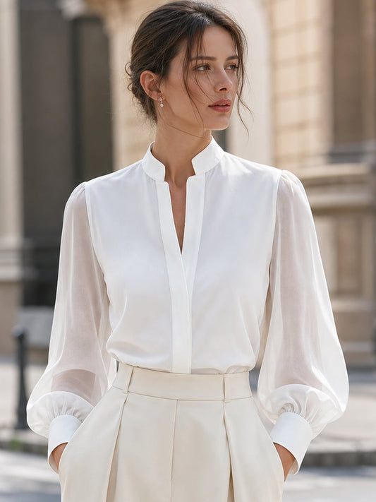 Blouse col montant, encolure en V fendue, manches longues lanternes transparentes