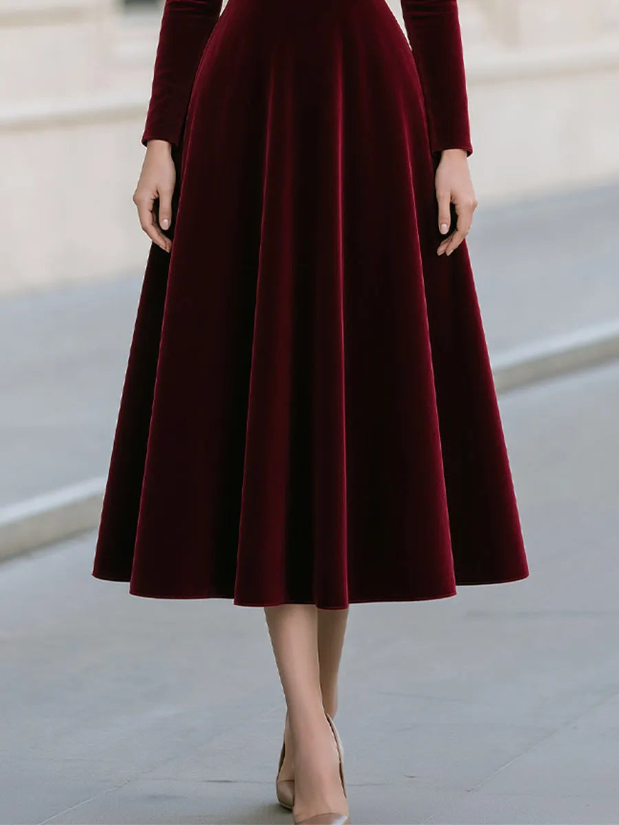 Velvet Draped Off-Shoulder A-Line Midi Dress