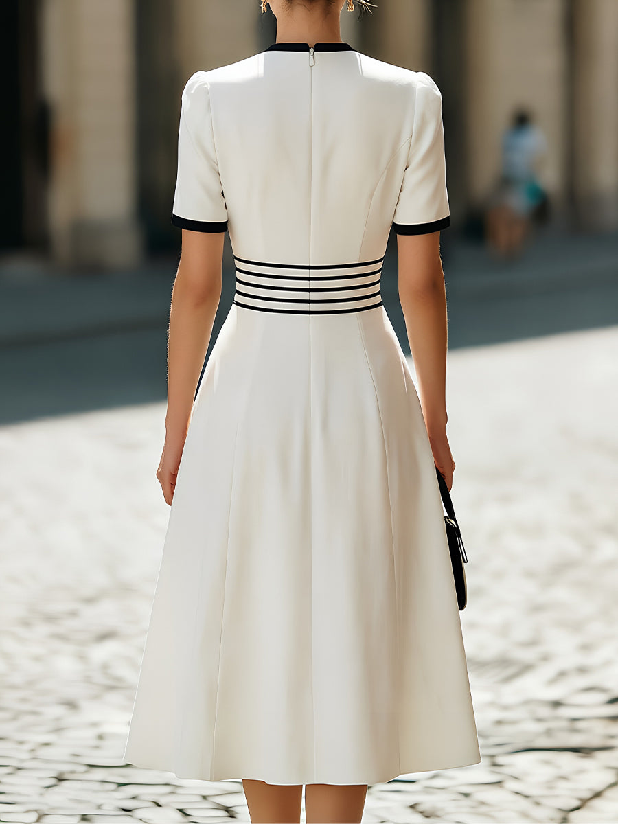 Deep V-Neck Black Trim Short-Sleeve A-Line Midi Dress