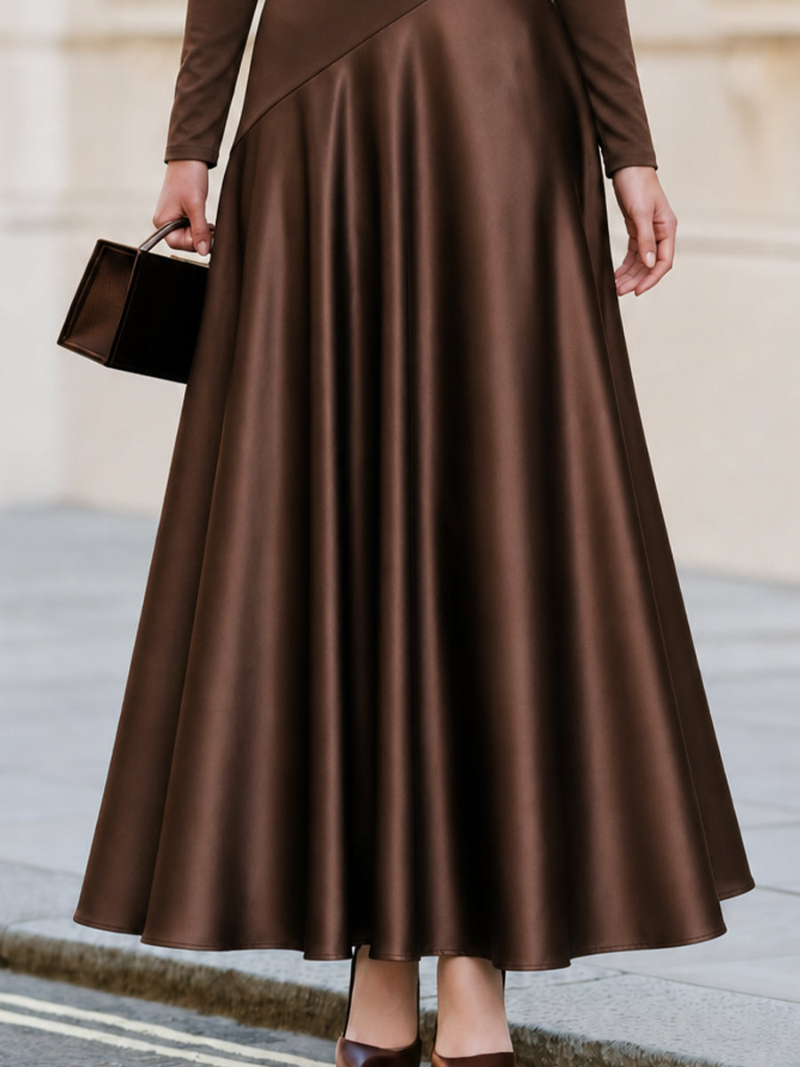 High‐Neck Long‐Sleeve Mixed‐Fabric Satin Maxi Dress