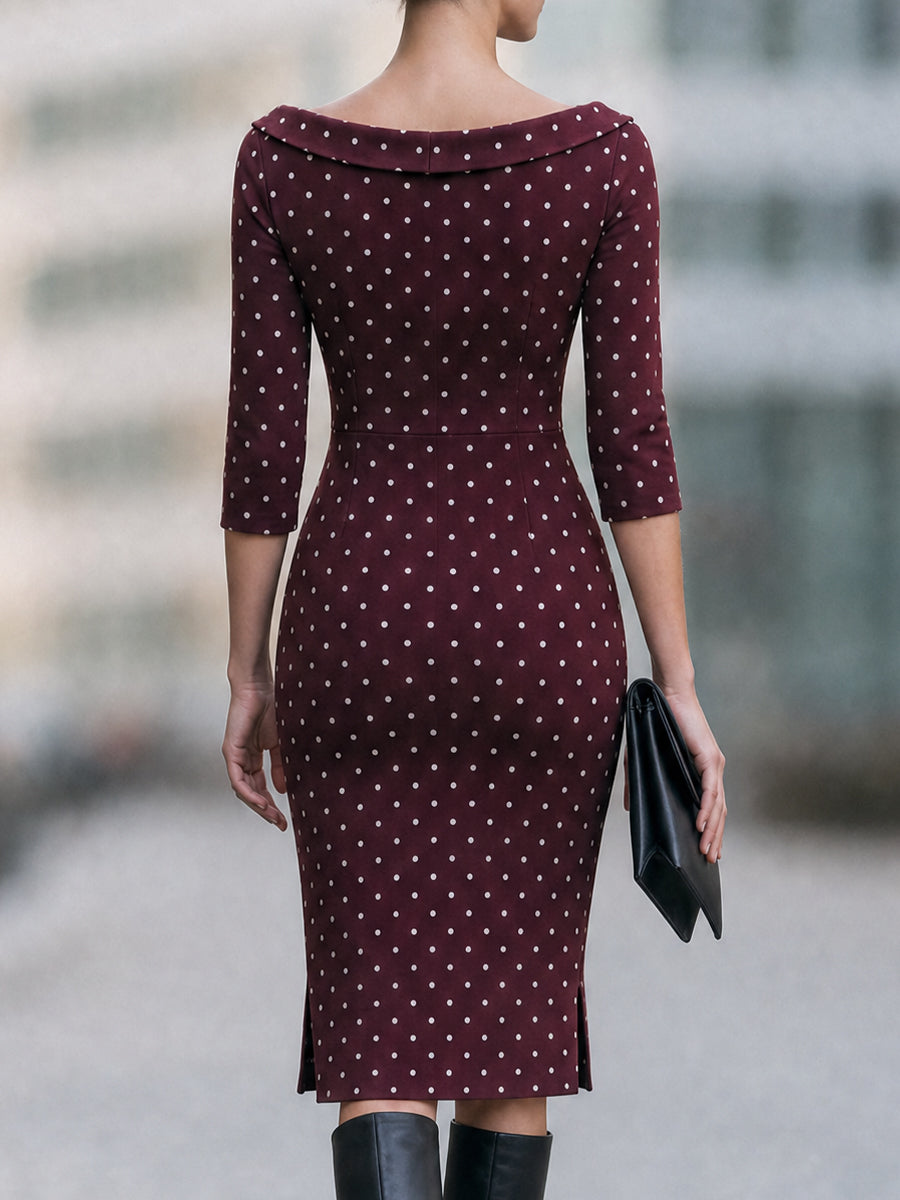 Polka Dot Boat Neck Sheath Midi Dress
