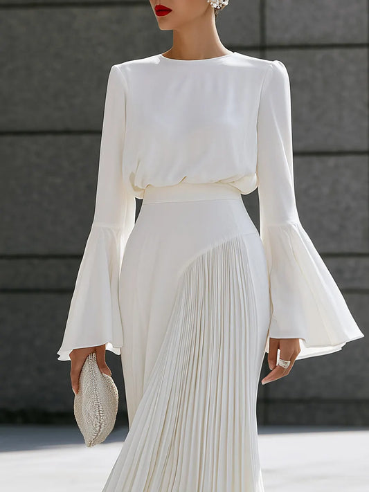 Bell-Sleeve Blouse And Pleated Maxi Skirt Set