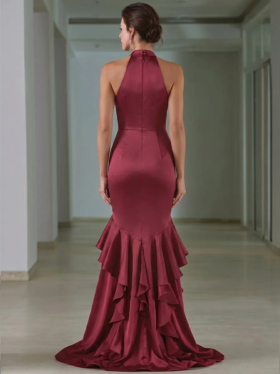 Floral Appliqué Halter Satin Ruffle Mermaid Gown