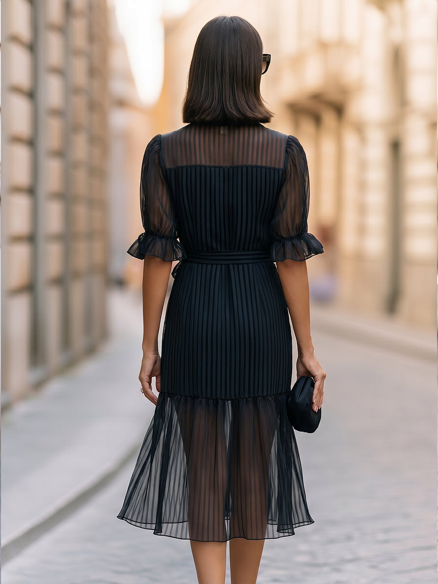 Elegant Pleated Sheer Shirt Midi Dress