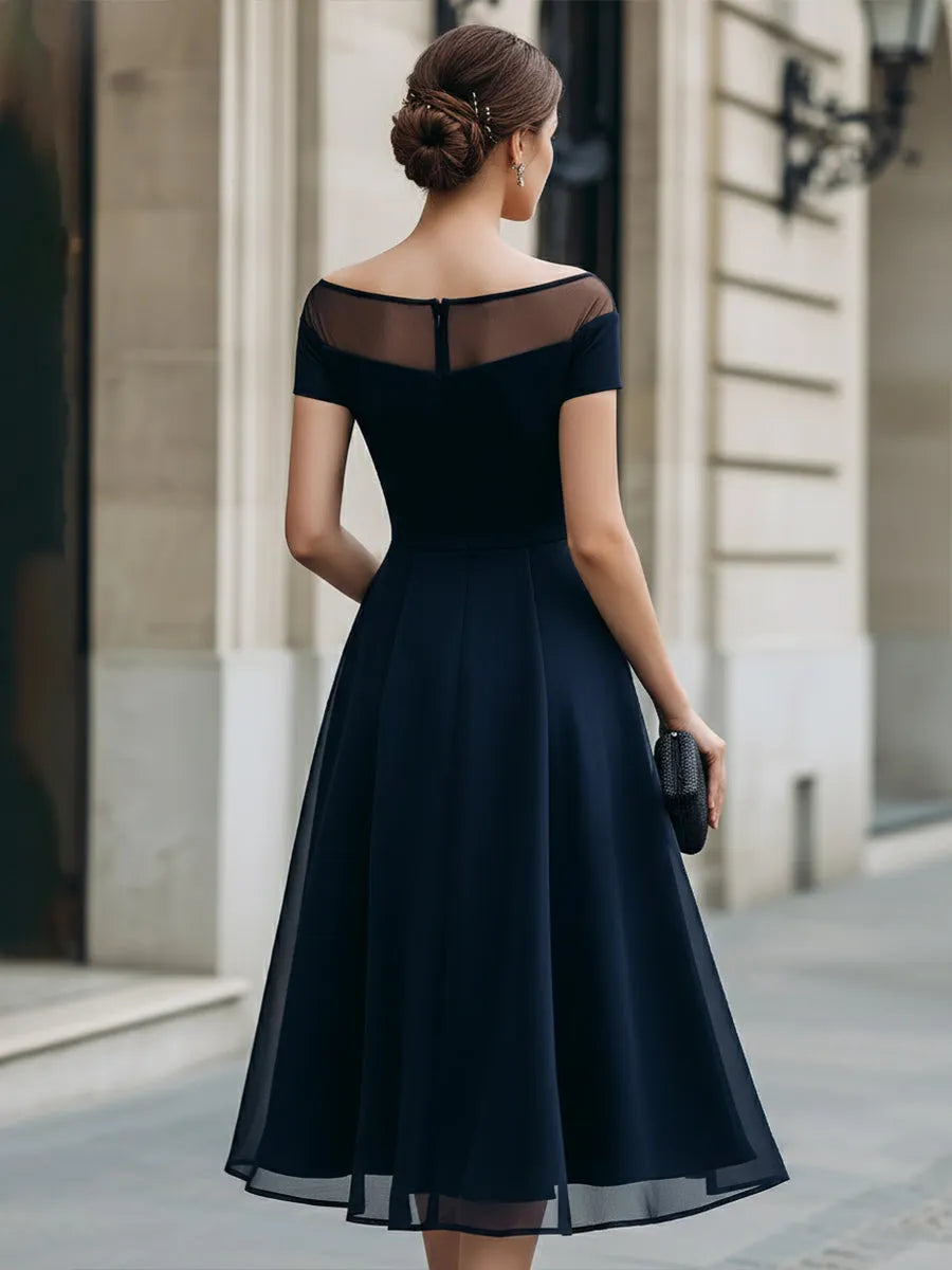 Off-Shoulder Illusion Mesh A-Line Midi Dress