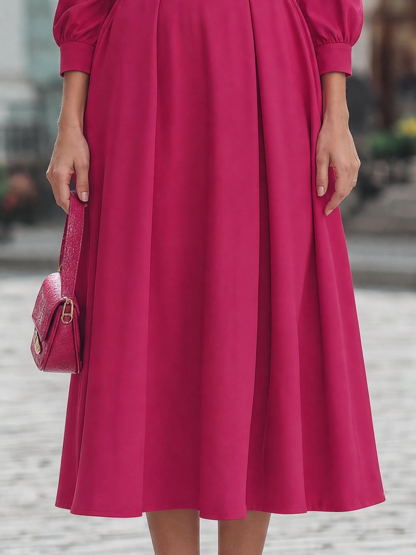 V-Neck Long-Sleeve Pleated Flare Midi Dress