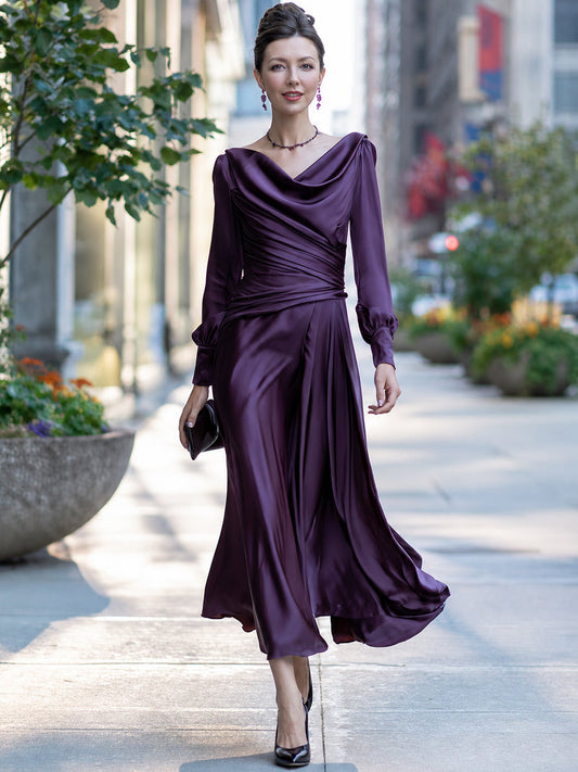 Vestido Longo de Cetim Drapeado