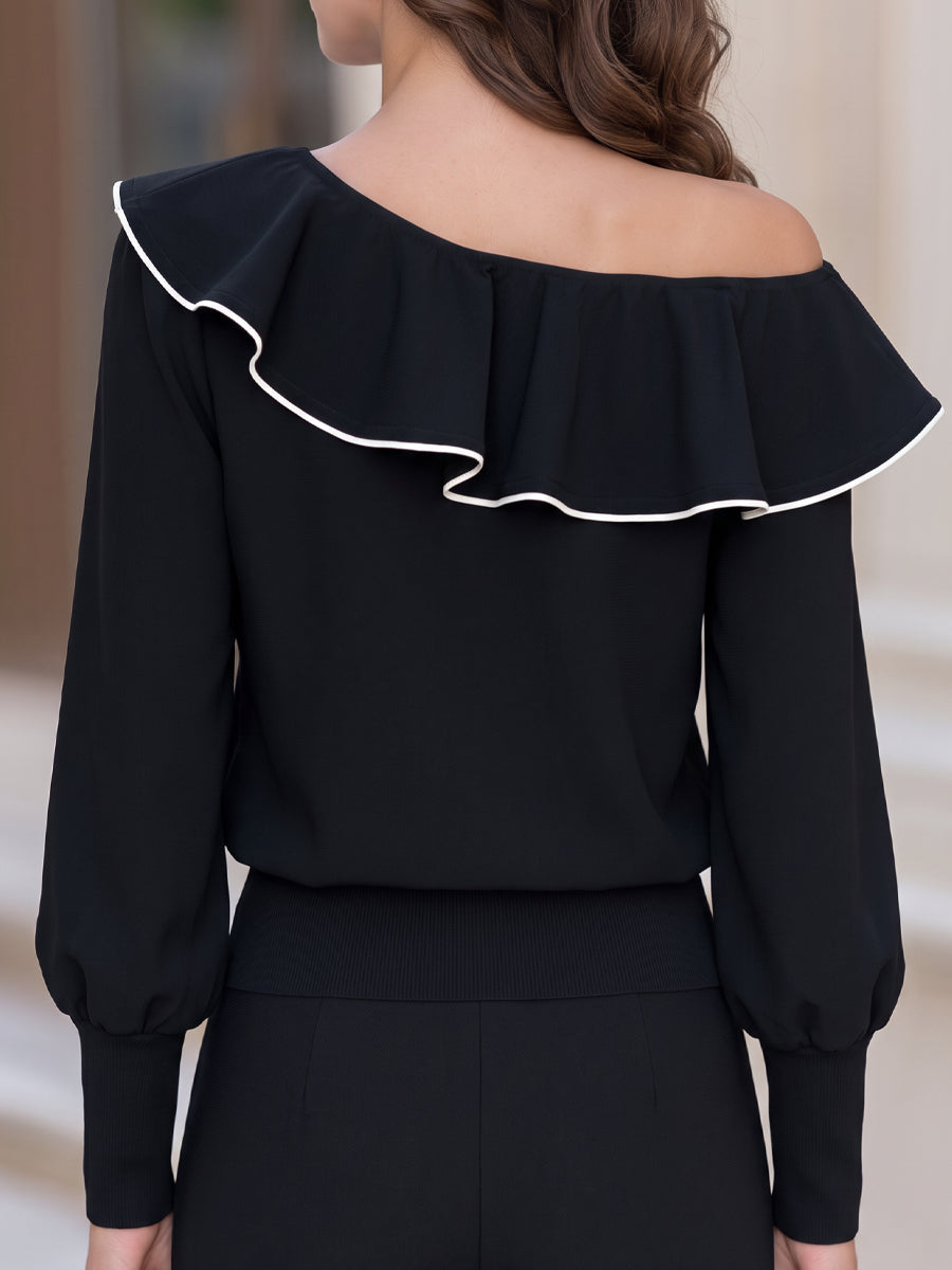 One Shoulder Ruffle Neck Long Sleeve Top