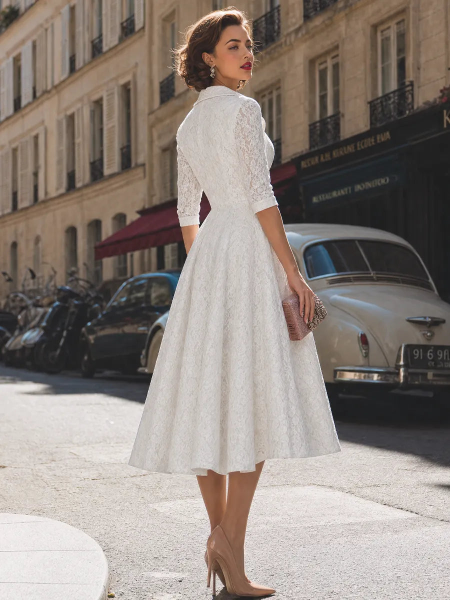 Vintage Lace Notch Collar Fit-and-Flare Midi Dress